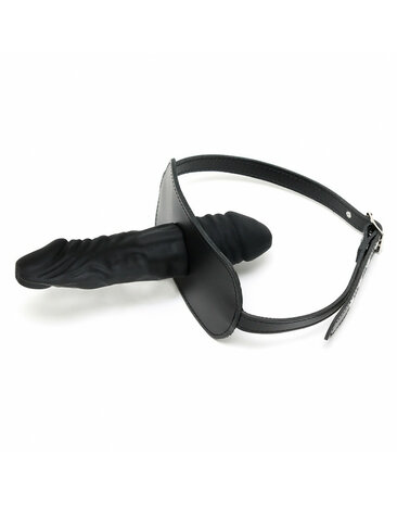 Rimba Bondage Play - Mondknevel met latex dildo naar binnen (4 x 6 cm) en naar buiten (4 x 13 cm) - Zwart