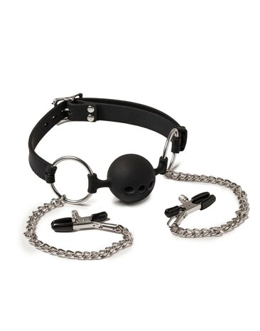 Rimba Latex Play - Mondknevel met bal en tepelklemmen - Zwart