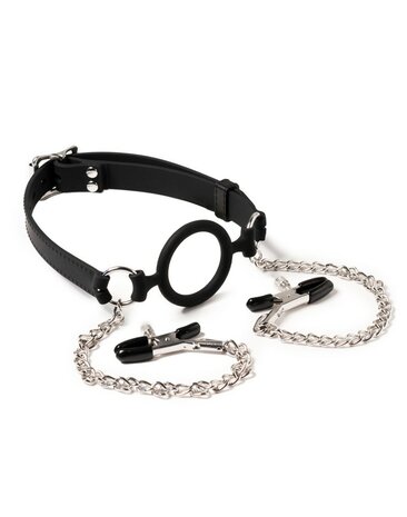 Rimba Latex Play - Mondknevel met O-ring en tepelklemmen - Zwart